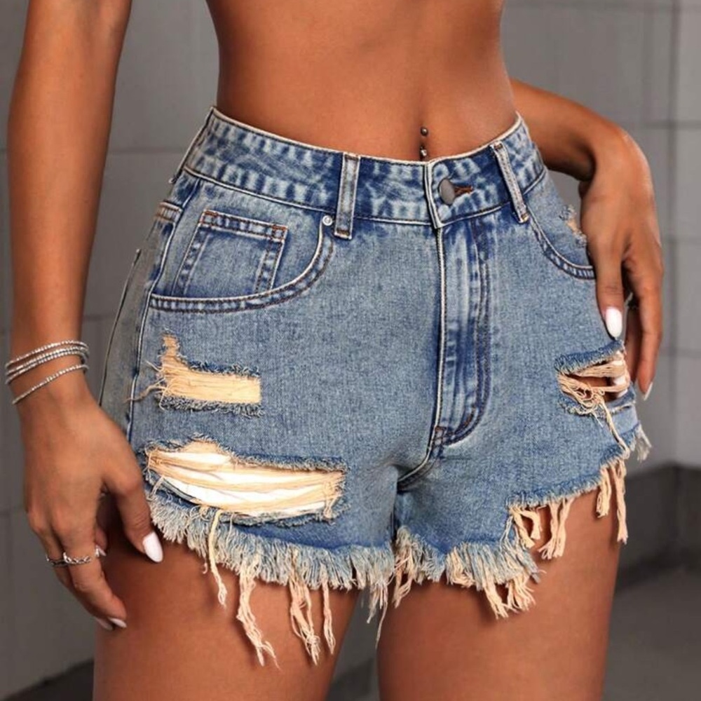 Light Blue Ripped Jean Shorts - Picture 3 of 4